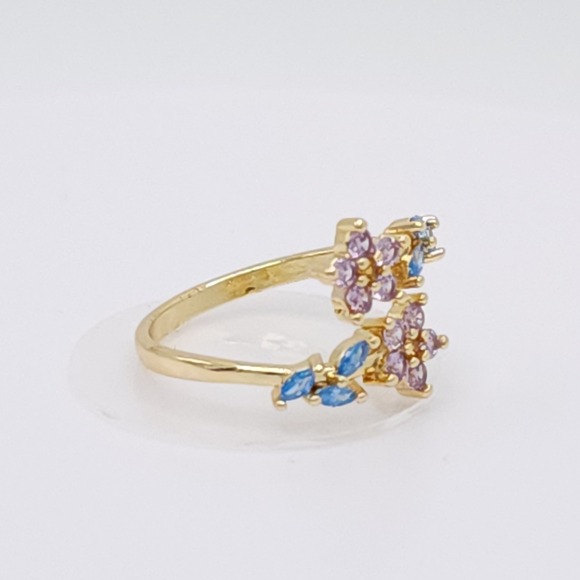 Adjustable Zircon Leaf & Flower Ring Gold Tone Purple & Blue Stones NWOT - Picture 14 of 15